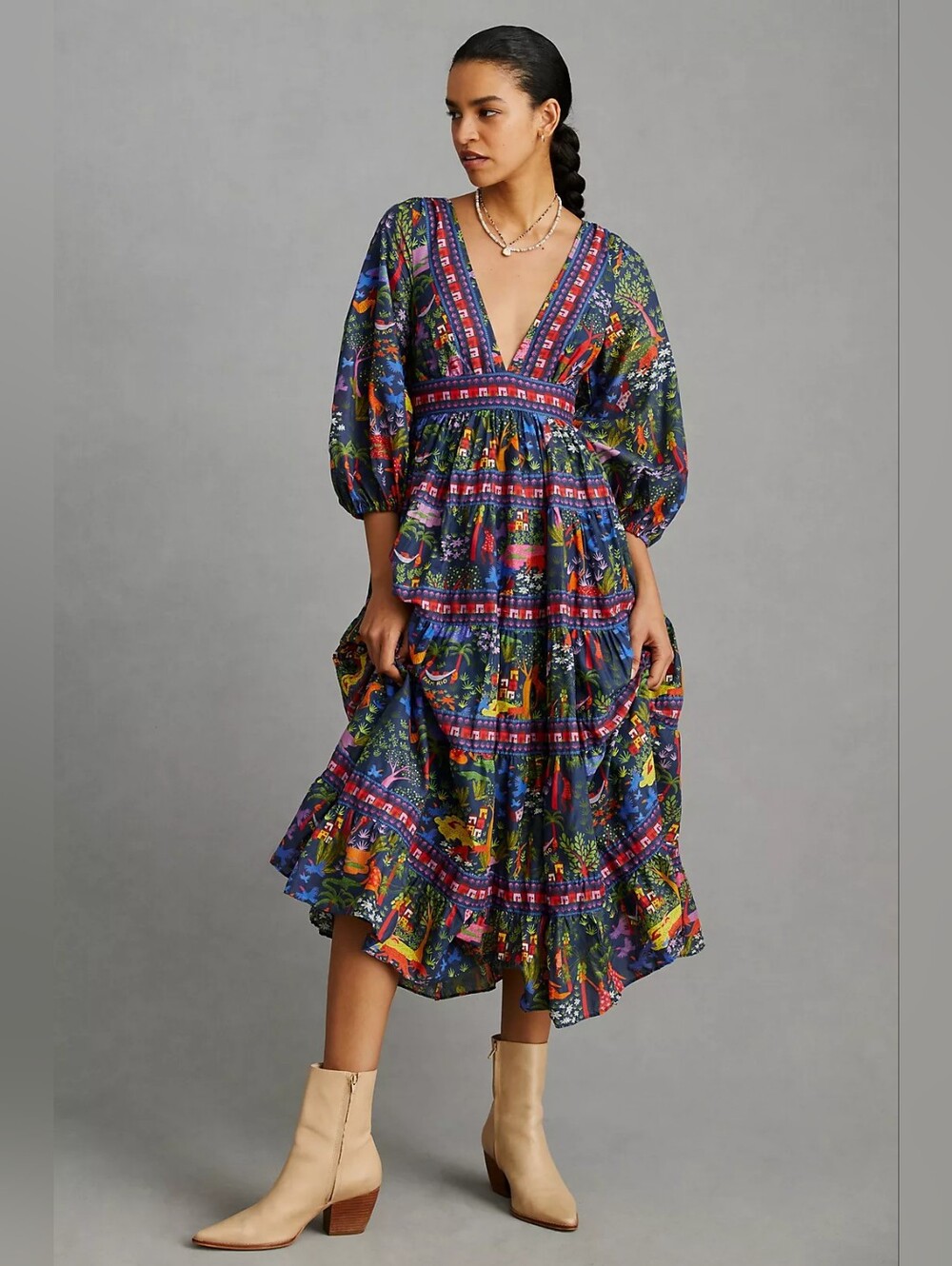Farm Rio V-Neck Midi Dress V-Neck Floral Tiered Midi Dress in Navy Size Small